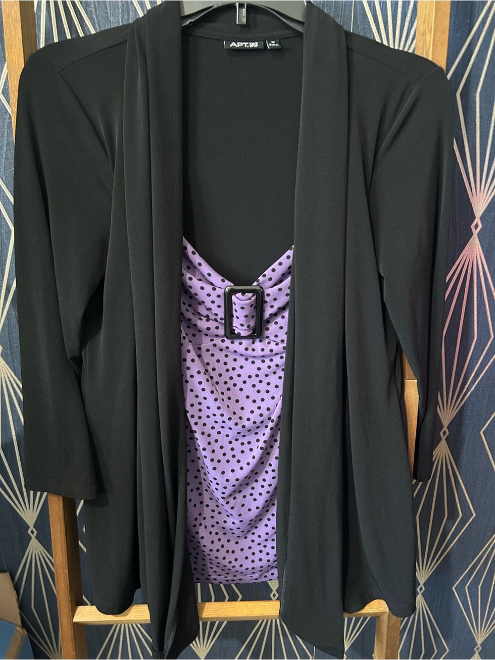 Apt. 9 Black Open-Front Cardigan with Purple Polka Dot Cami